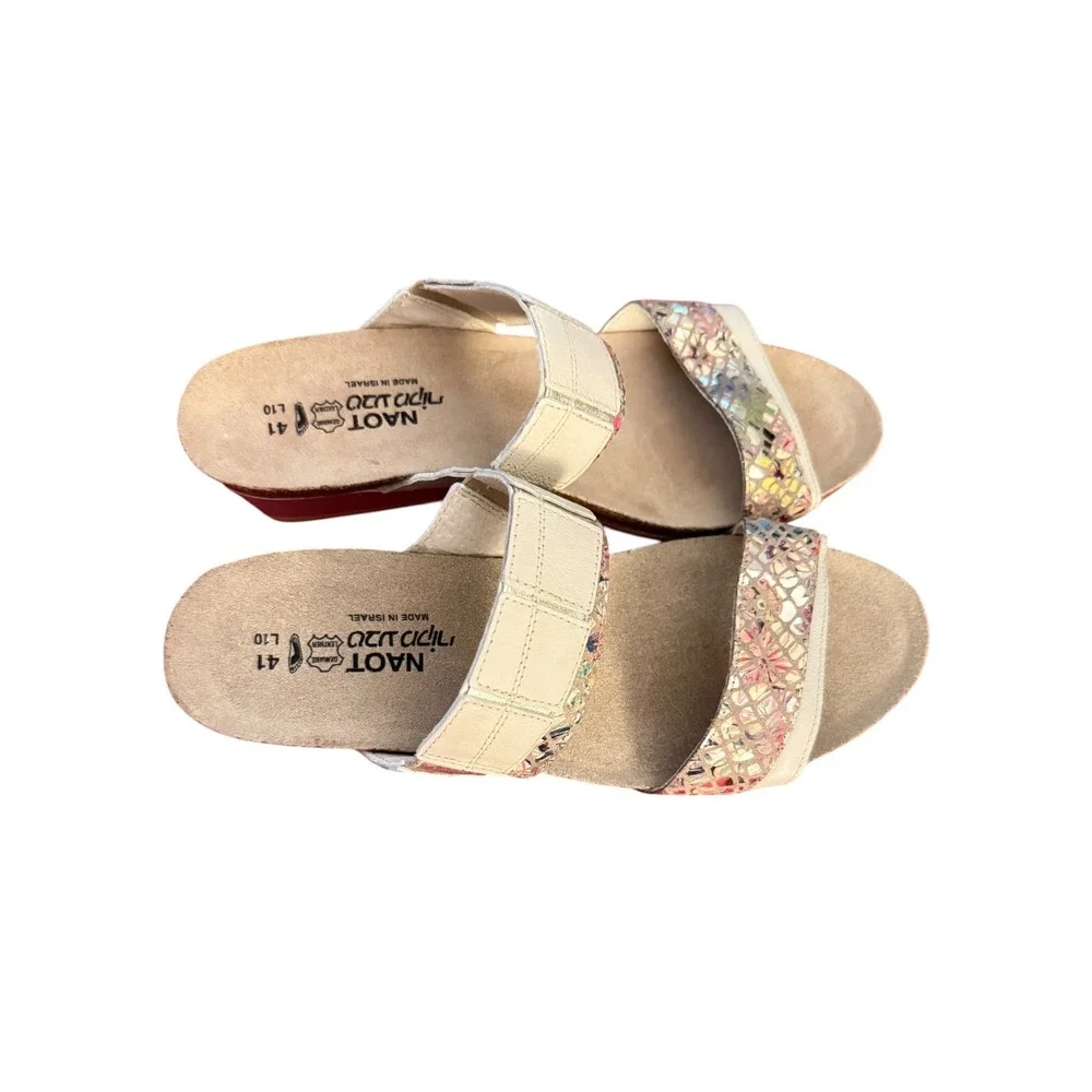 Naot Royalty Slide Sandals Ivory Floral Metallic Leather Womens size 10 Nwob
